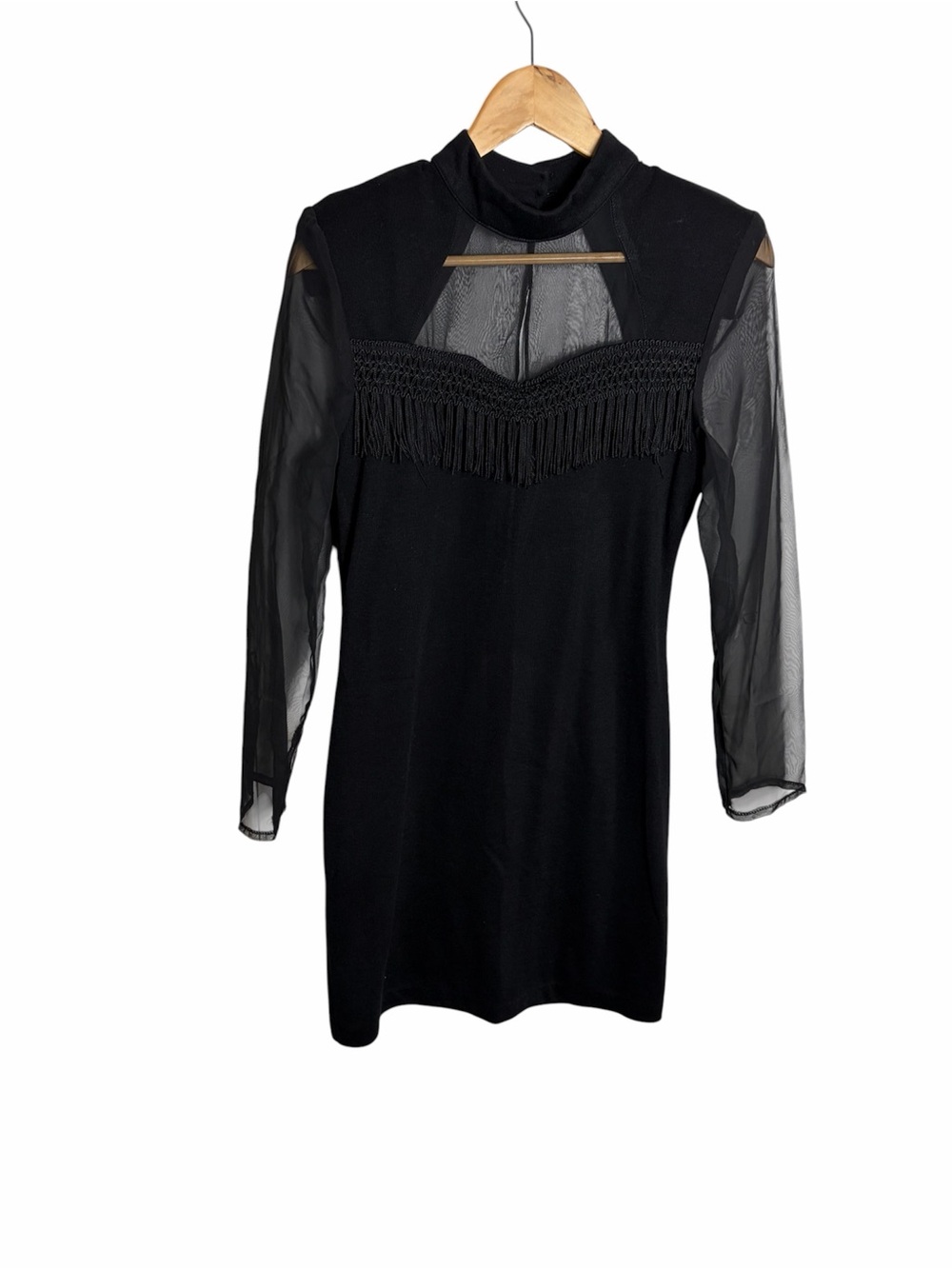Vintage 80s/90s black organza sleeve tassel fringe cutout mini dress size 9